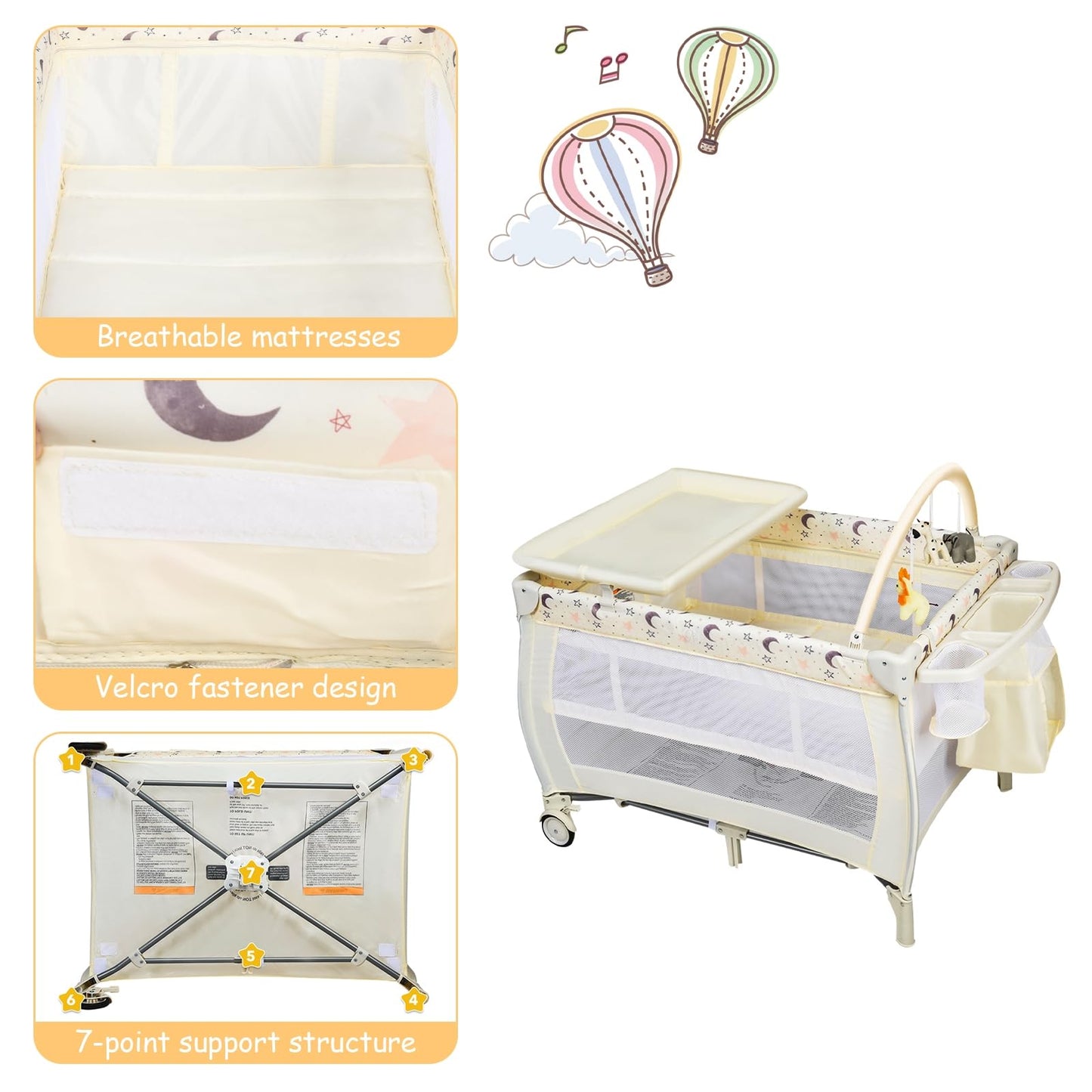 3 in 1 Convertible Bassinet Cot with Changing Table and Toy Bar