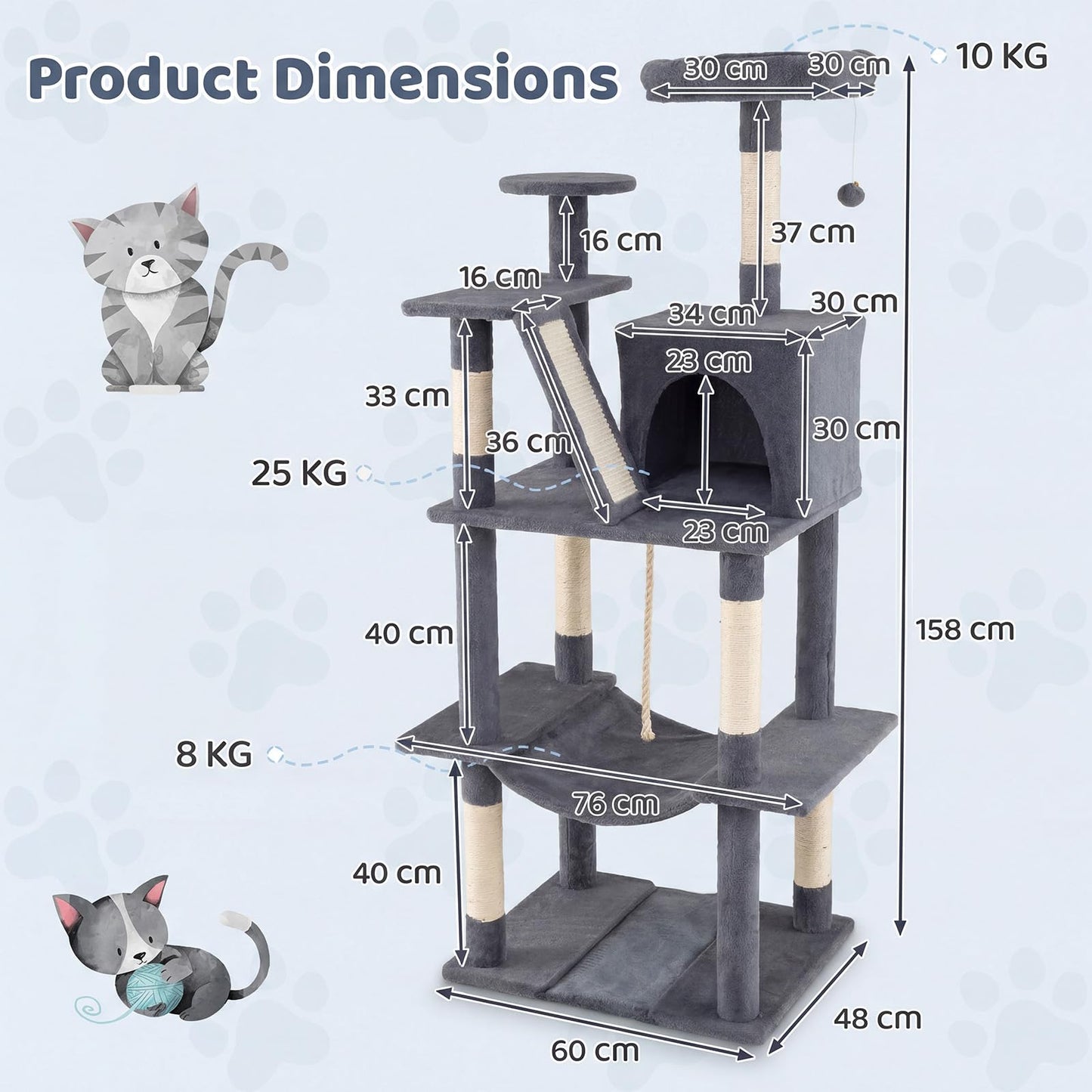 Cat Tree, 158cm Tall Multi-Layer Cats Tower with Plush Top Perch, Cave, Hammock, Sisal Scratching Posts
