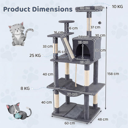Cat Tree, 158cm Tall Multi-Layer Cats Tower with Plush Top Perch, Cave, Hammock, Sisal Scratching Posts