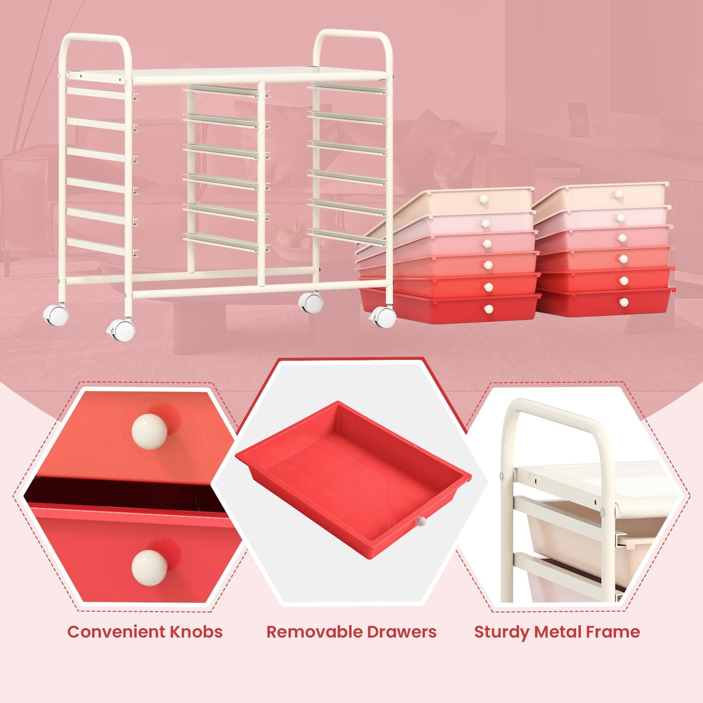 Metal Frame Utility Storage Organizer Cart with Lockable Wheels