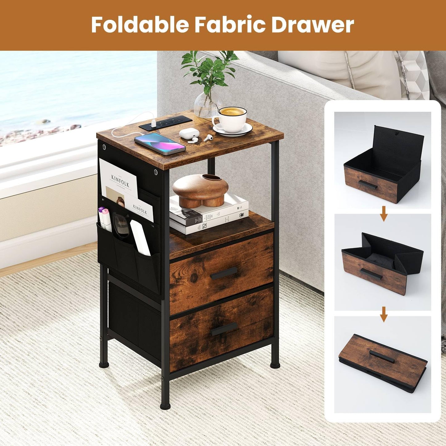 Set of 2 End Tables with Charging Station and 2 Folding Fabric Drawers