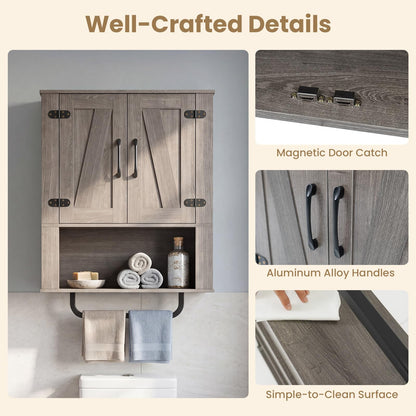 Bathroom Wall Cabinet with 2 Barn Doors & Metal Towel Bar