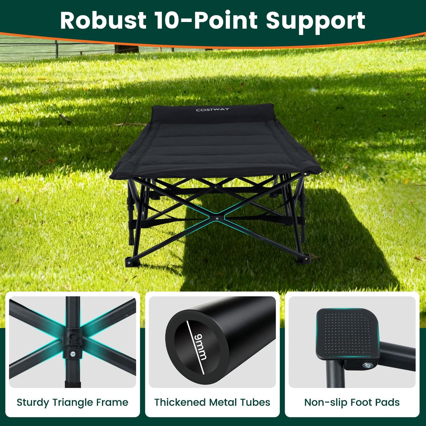 Foldable Camping Cot for Adults Heavy Duty Sleeping Bed with Slanted Headrest