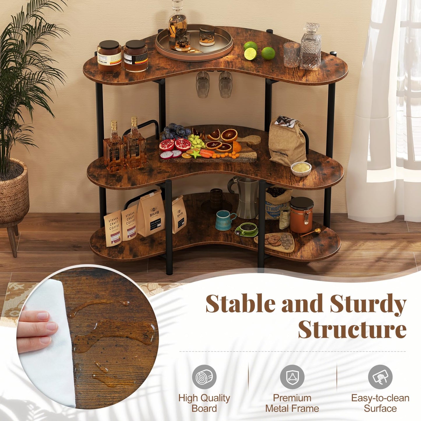 3-Tier Home Bar Unit with Stemware Racks and Storage Shelves