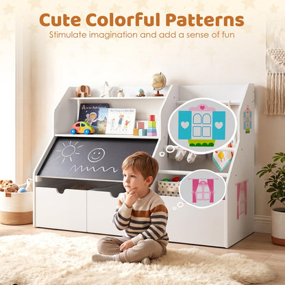 Toy Storage Organizer with Flip-up Blackboard and Movable Drawers for Playroom