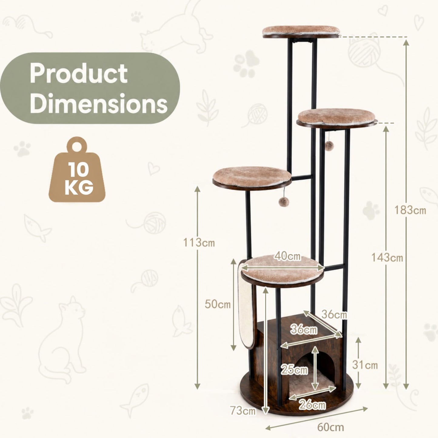 183cm Tall Multi-Level Cat Tree, Morden Cat Tower