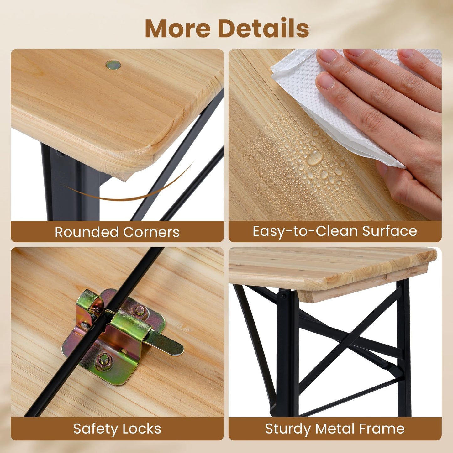 3 Piece Folding Picnic Table and Bench Set, Wooden Portable Camping Trestle Table Chairs