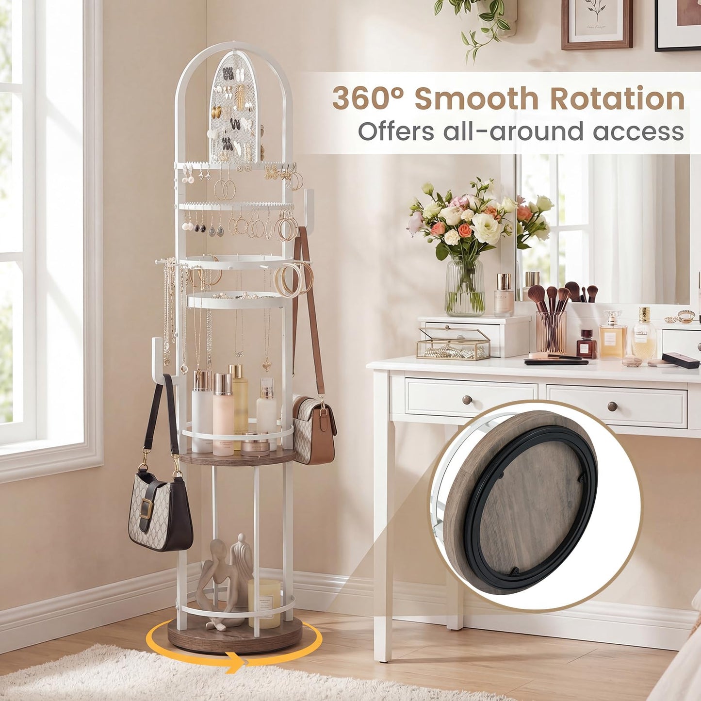 Jewelry Organizer Stand, 360° Rotating Floor Standing Jewelry Storage Rack with Earring Necklace Holders