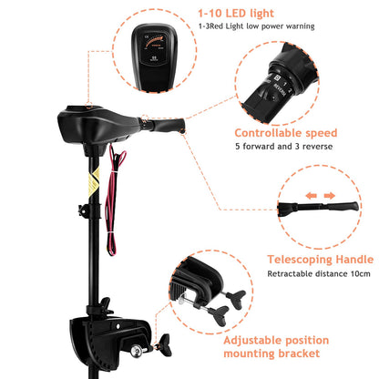24V 86LBS Transom Mounted Outboard Motor with Telescopic Handle & LED Battery Indicator