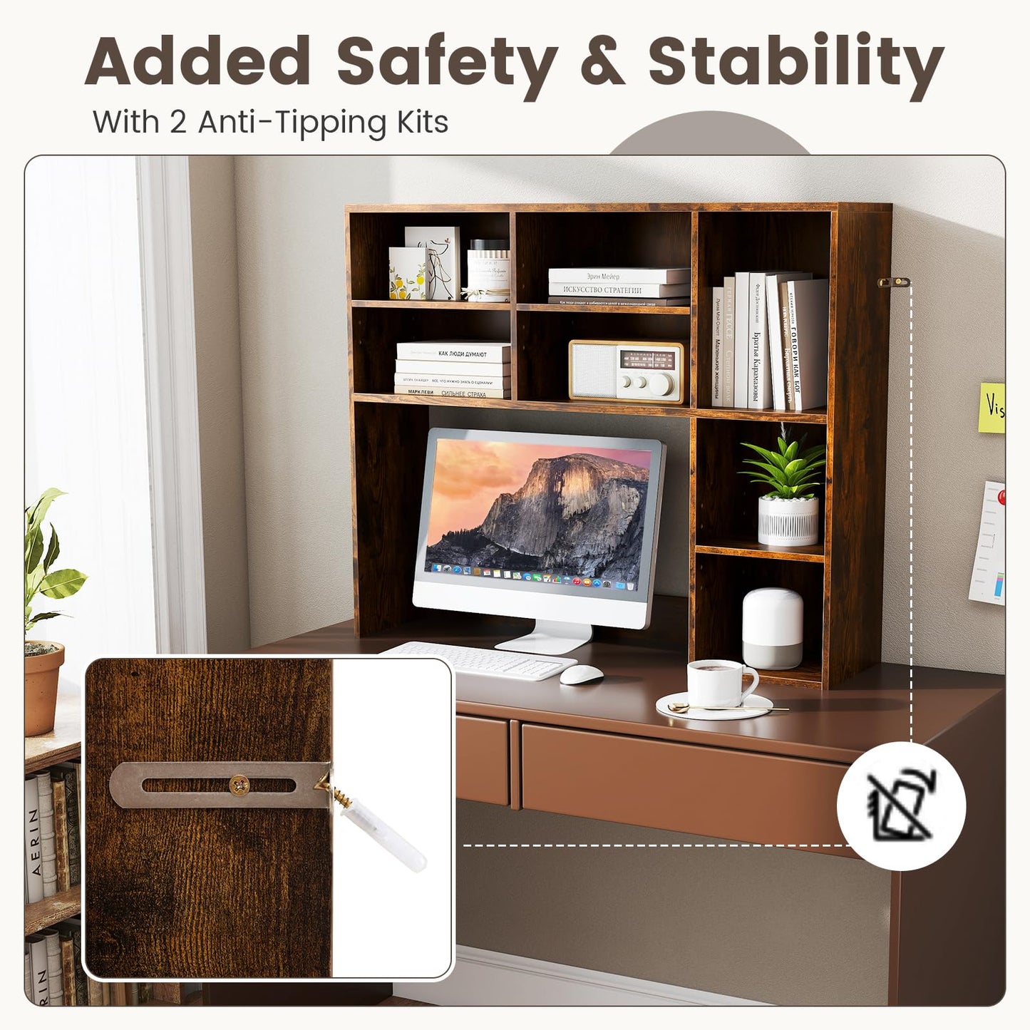 Countertop Bookcase with 3 Adjustable Shelves and Open Compartment
