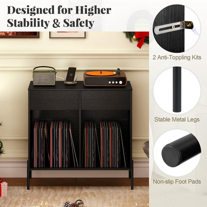 Record Player Stand with Power Outlets and Drawers for Living Room