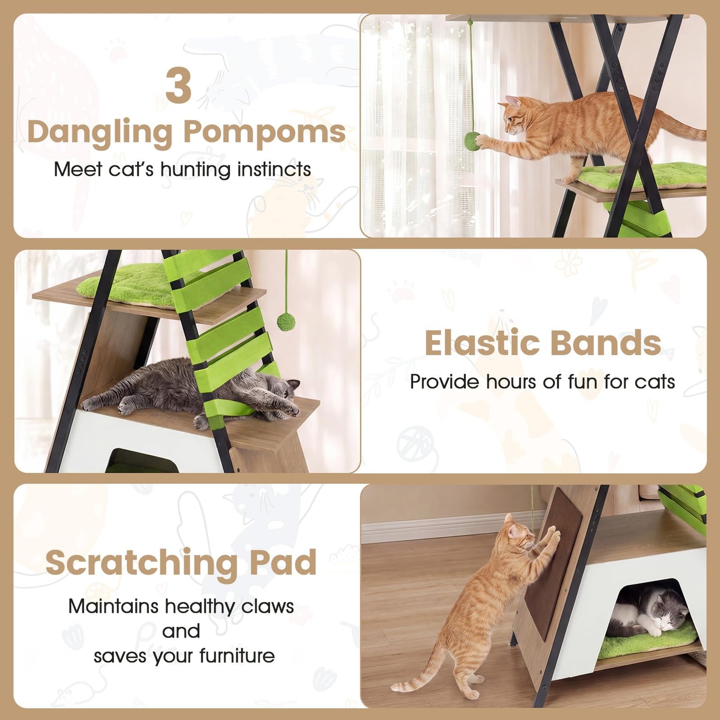 Multi-level Cat Tree, 185CM Wooden Cat Tower with Elevated Perch