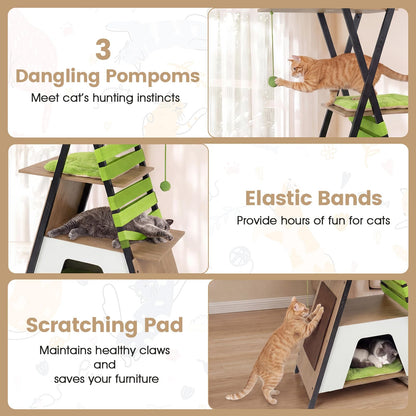 Multi-level Cat Tree, 185CM Wooden Cat Tower with Elevated Perch