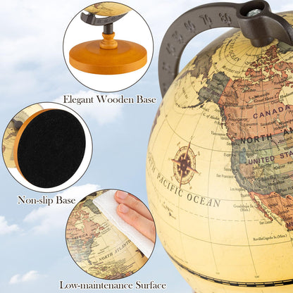 Antique Globe Dia 14cm with Wooden Base and Modern Map