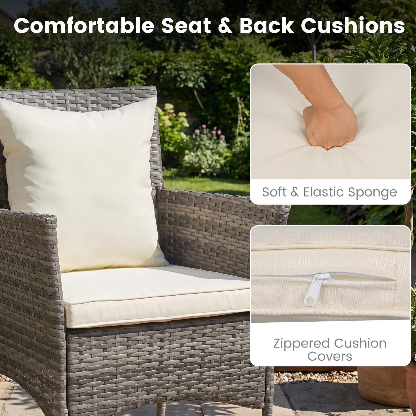 3-Piece Patio Bistro Set, PE Rattan Furniture Set with 2 Cushioned Chairs and Tempered Glass Table