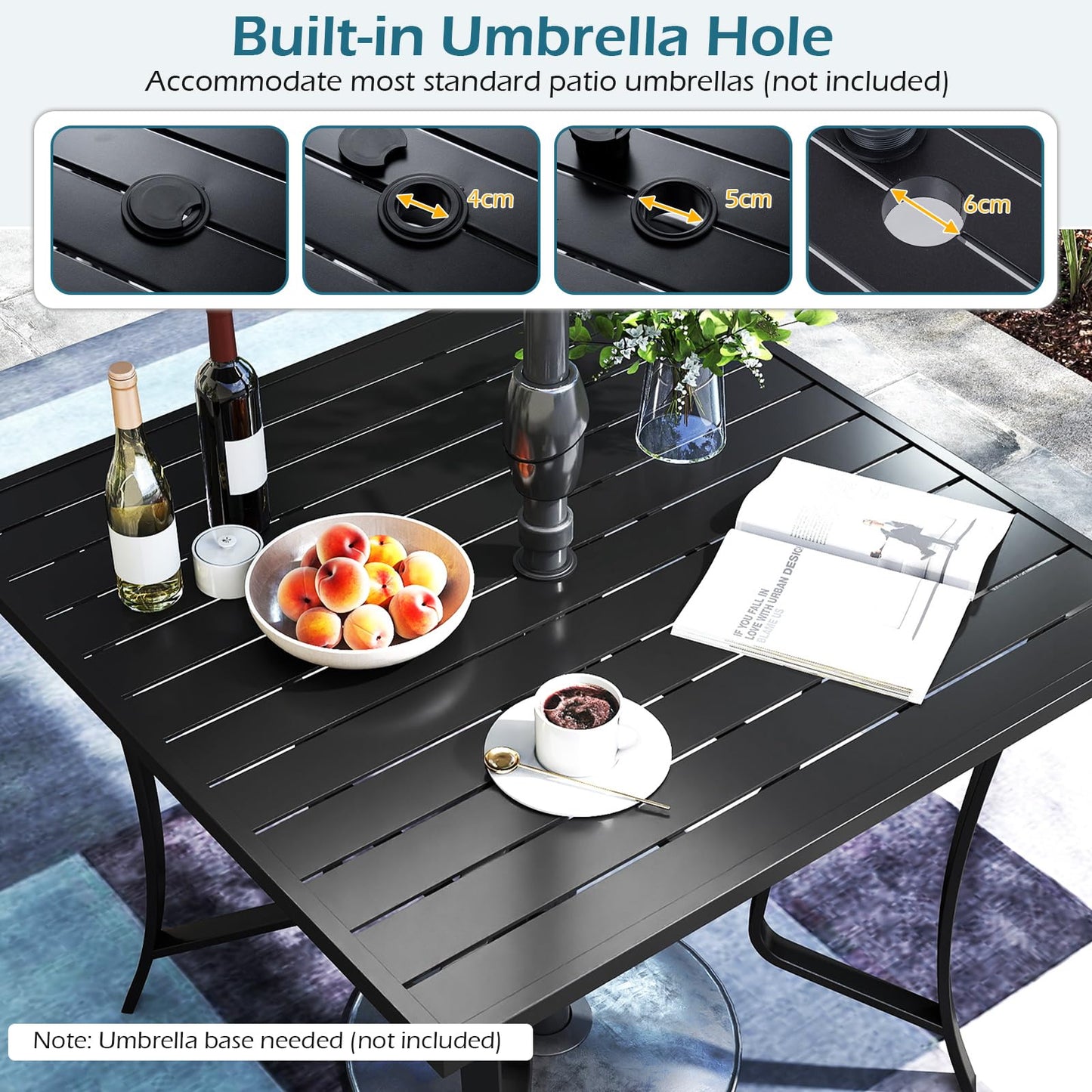 91CM Square Patio Table for 4 Outdoor Metal Dining Table with Umbrella Hole