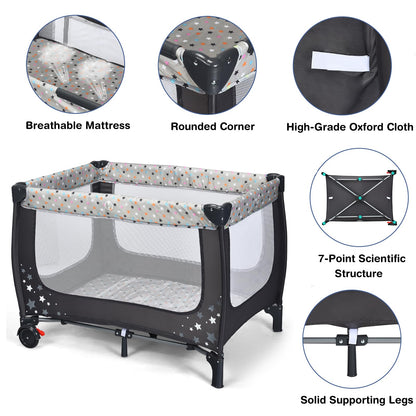 2-in-1 Foldable Baby Playpen with Lockable Wheels and Mattress