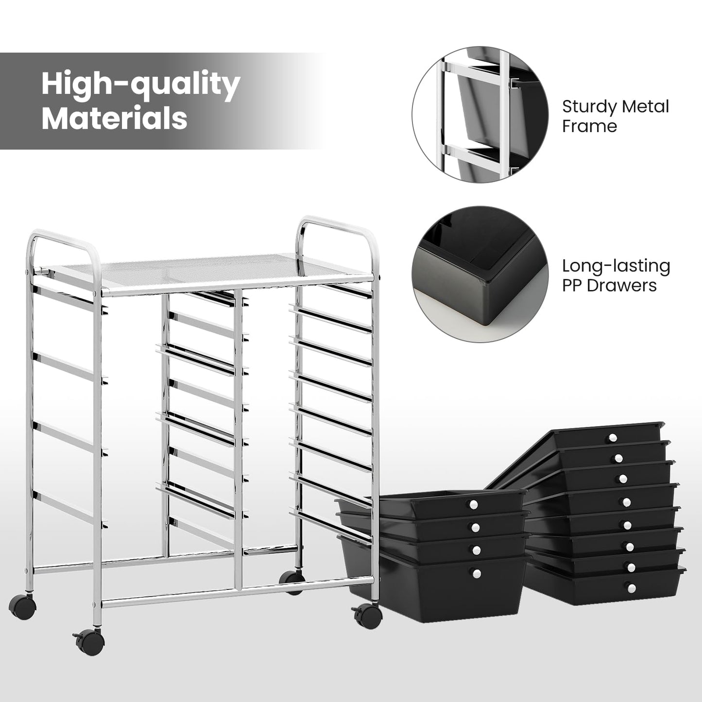 Storage Cart with 2-Size Drawer Rolling Cart Large Countertop Side Handles