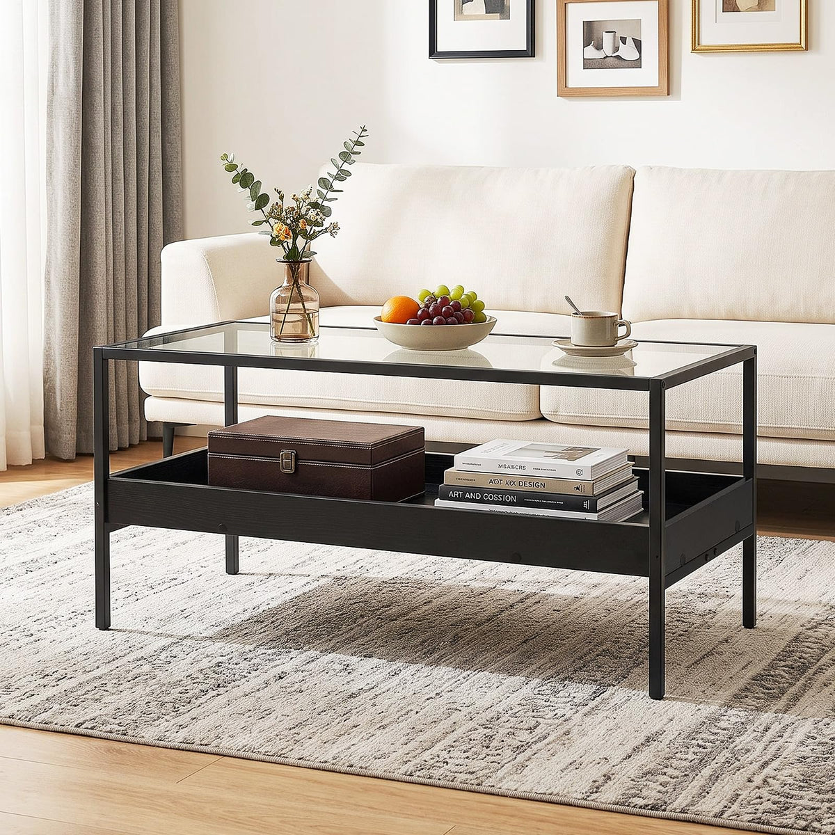 2-Tier Coffee Table with Tempered Glass Top & Storage Shelf