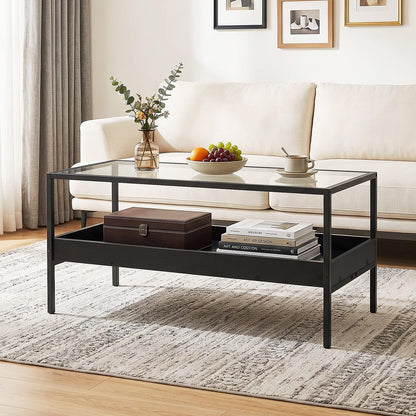 2-Tier Coffee Table with Tempered Glass Top & Storage Shelf