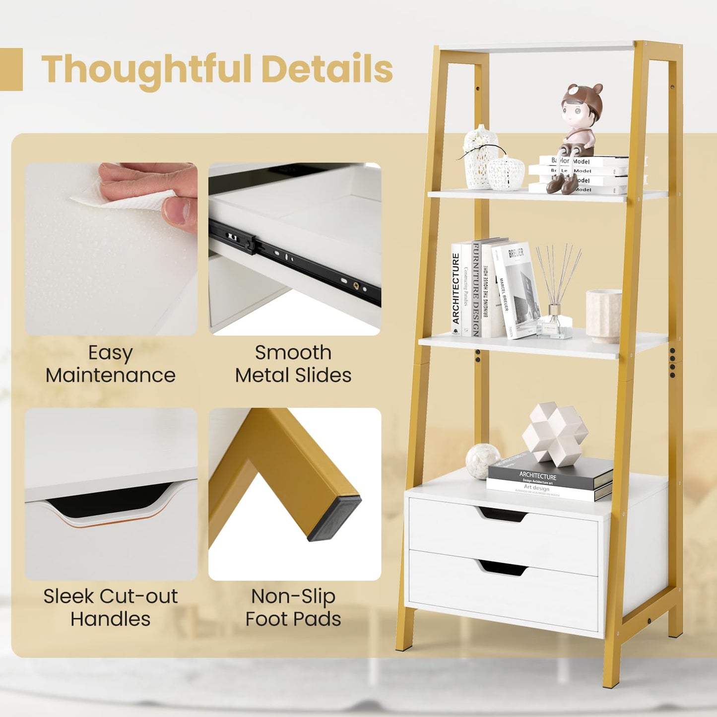 Ladder Bookshelf with Storage with 4 Open Shelves and 2 Drawers