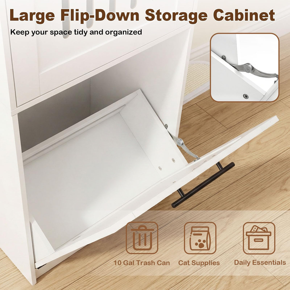 115 cm Modern Hidden Cat House Cabinet with 2 Scratching Pads and Flip-Down Storage Cabinet