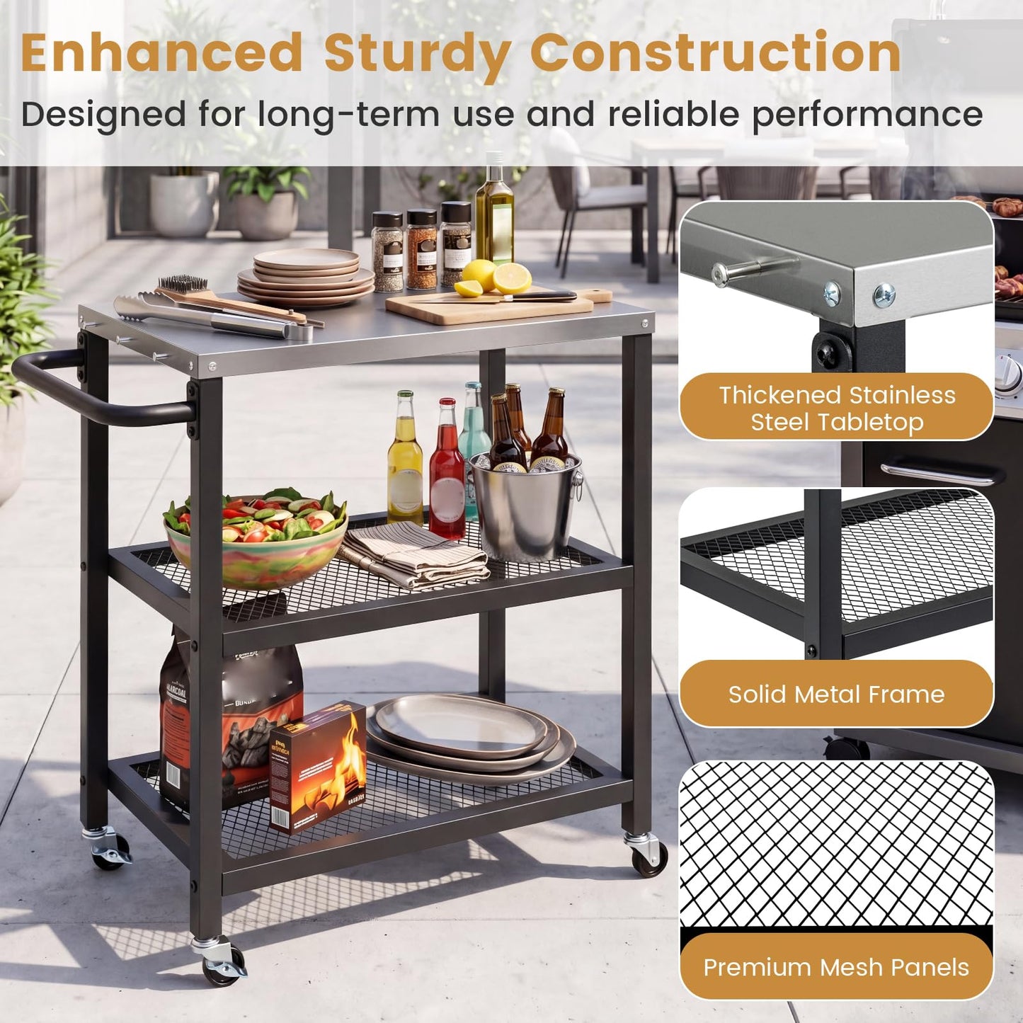 Outdoor Grill Cart on Wheels, Pizza Oven Stand Serving Trolley with Stainless Steel Top, Handle and Hooks