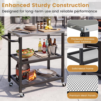 Outdoor Grill Cart on Wheels, Pizza Oven Stand Serving Trolley with Stainless Steel Top, Handle and Hooks