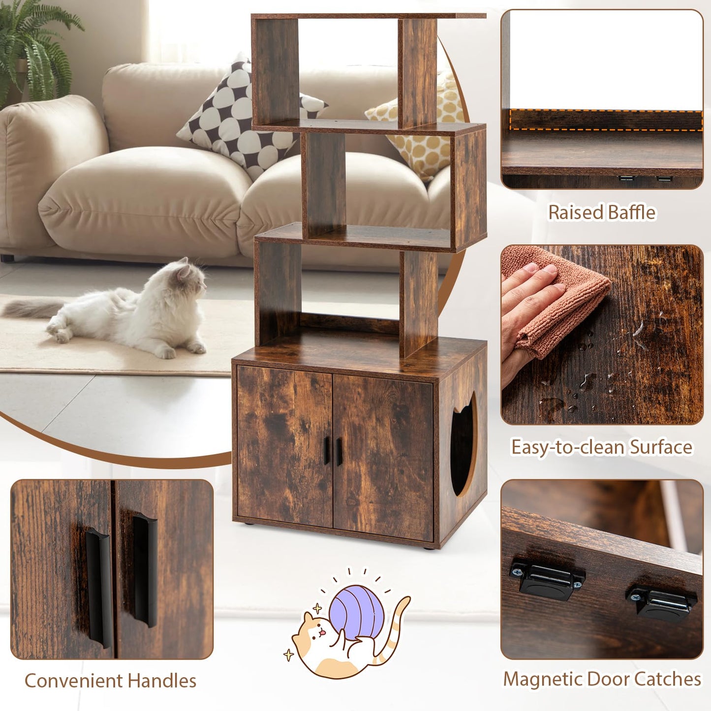 2 in 1 Hidden Cats Washroom Furniture with 3 Storage Shelves