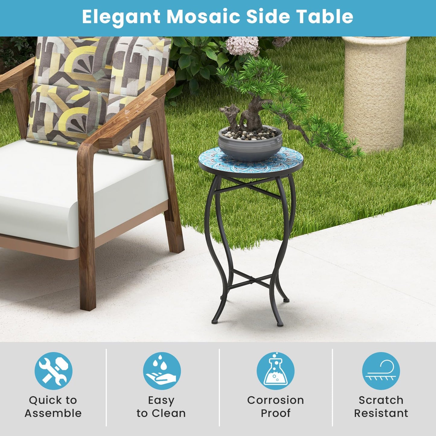 Mosaic Round Bistro Coffee Table with Ceramic Tile Tabletop