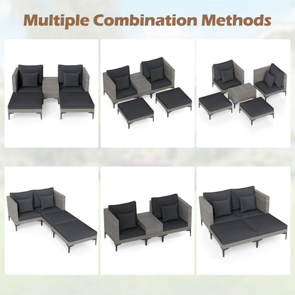 5-Piece Rattan Garden Furniture Set, Patio Conversation Set with 2 Chairs, 2 Ottomans, Coffee Table & Thick Cushions