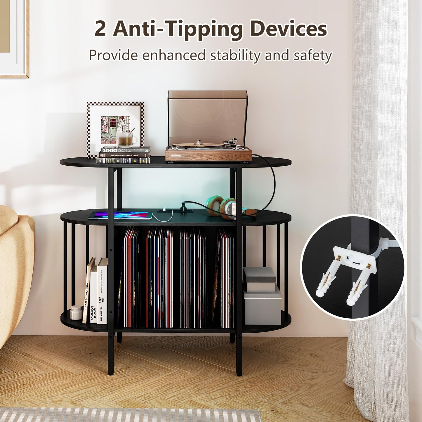 LED Record Player Stand with Charging Station