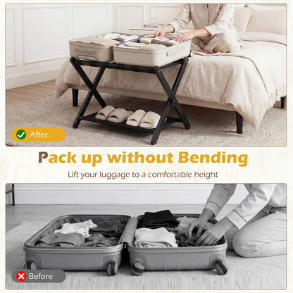 Folding Luggage Rack, Solid Rubber Wood Suitcase Stand with Storage Shelf