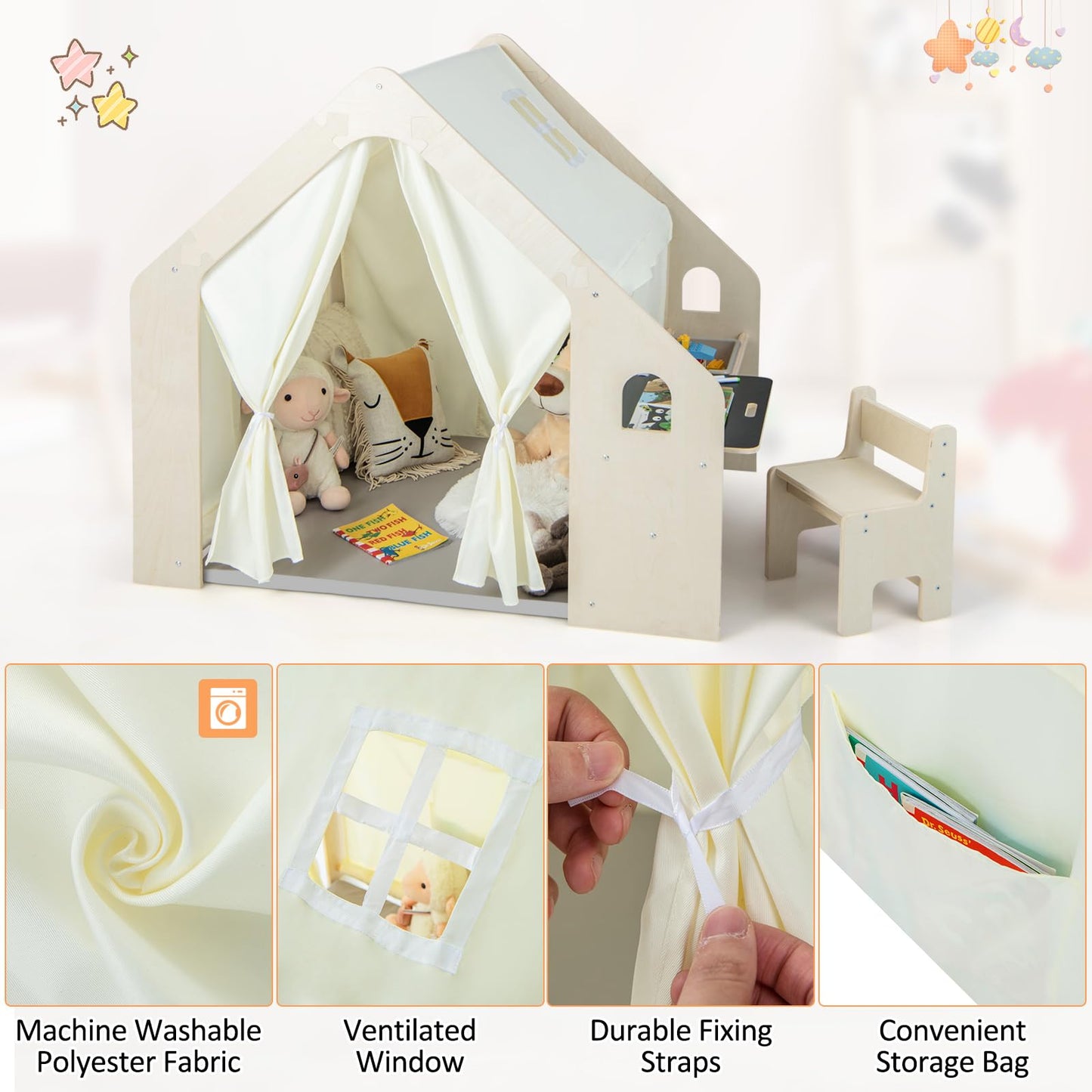 Wooden Playhouse with Floor Mat for 3-6 Years Old