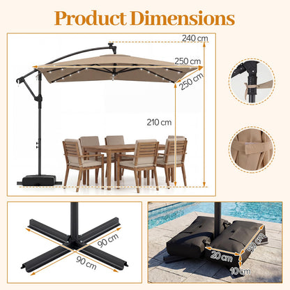 2.5M Cantilever Garden Parasol, Square Offset Banana Umbrella with 32 Solar LED Lights, 360° Rotation