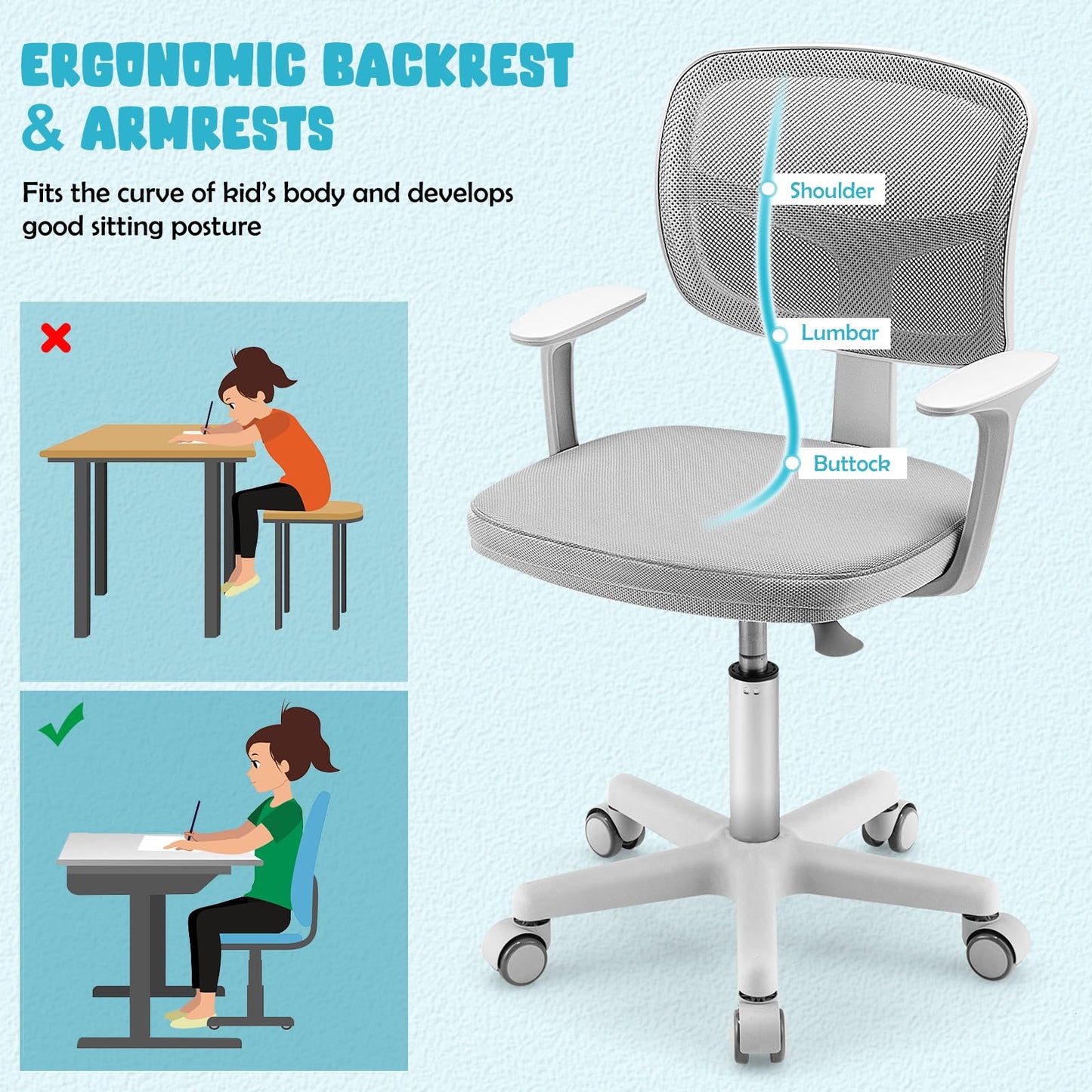 Children Task Study Chairs with Lumbar Support for School Home Office