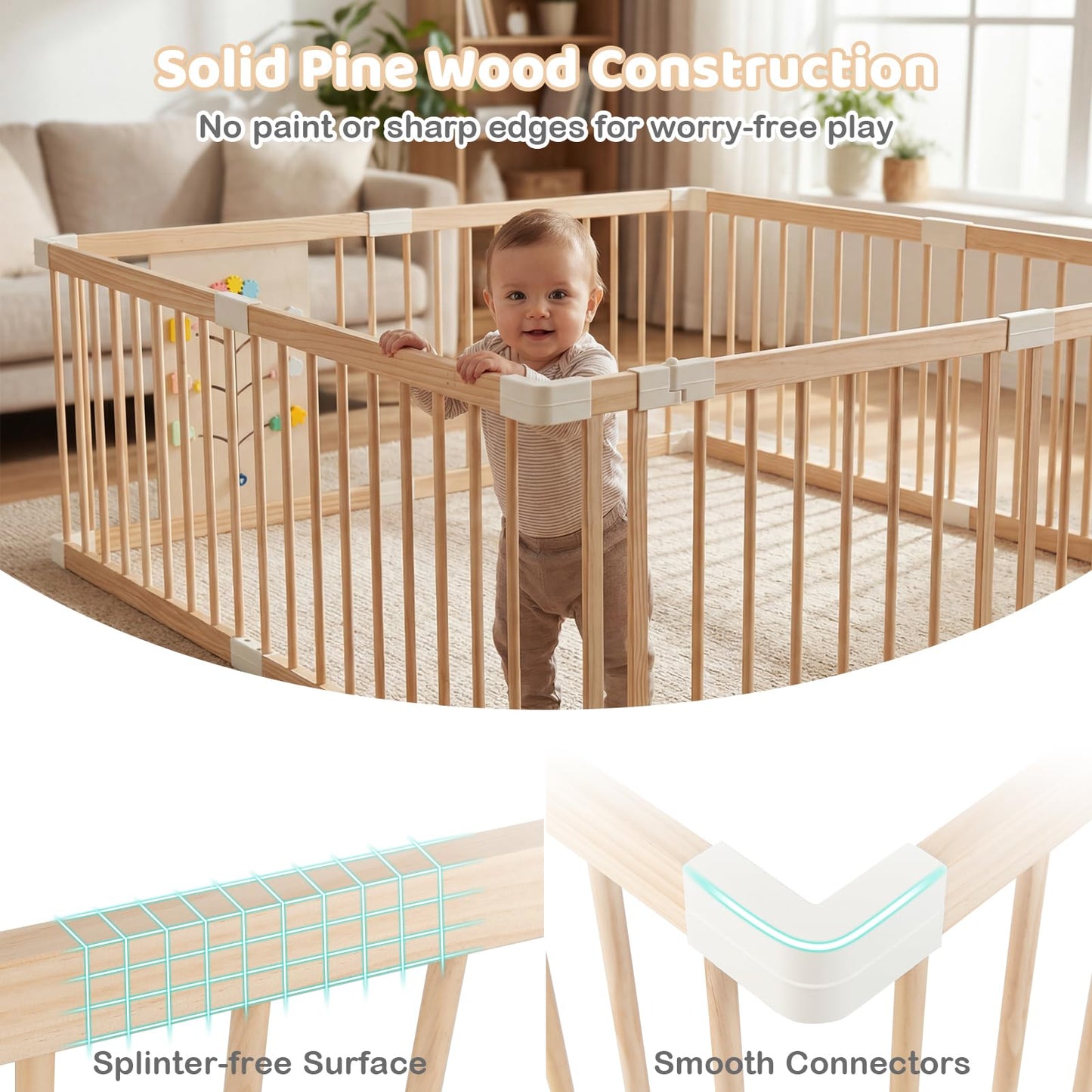 Wooden Baby Playpen Adjustable Multi-Shape Large Play Yard for Infants and Toddlers