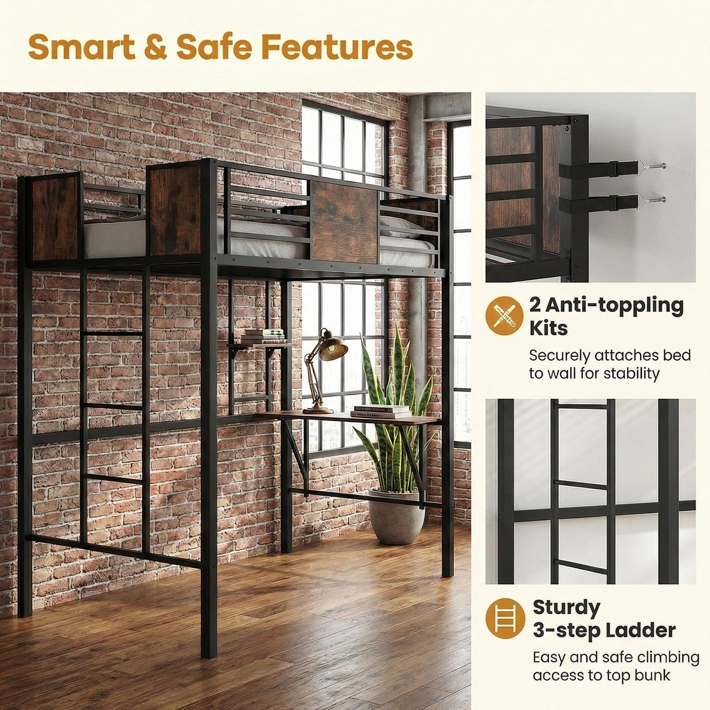 Loft Bed Single Size Heavy Duty Metal Bedframe with Desk