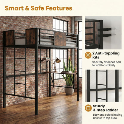 Loft Bed Single Size Heavy Duty Metal Bedframe with Desk
