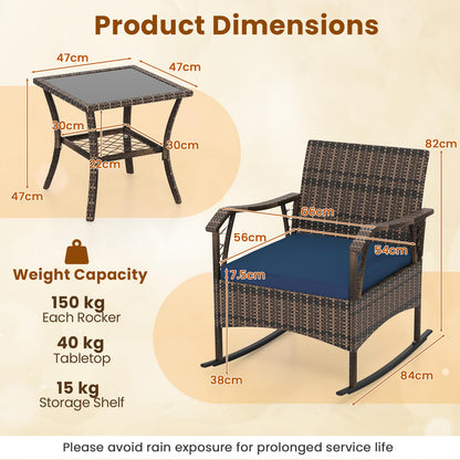 3 PCS PE Rattan Garden Rocking Bistro Set with Tempered Glass Coffee Table