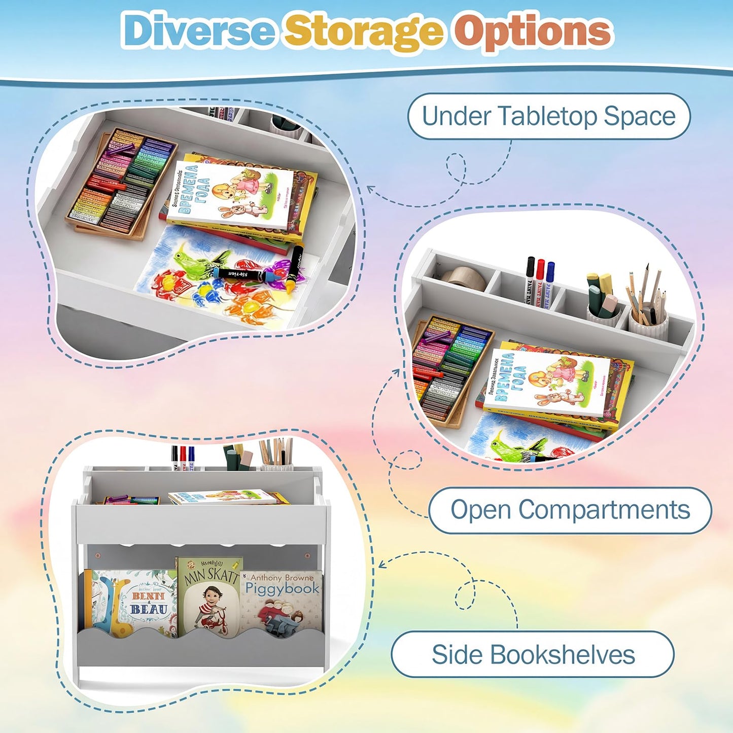 Kids Table and Chairs, Multifunctional Activity Desk Set with Double-sided Tabletop
