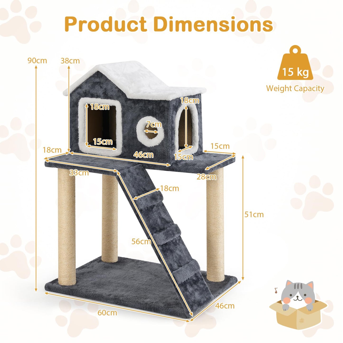 90cm Modern Cat Tree 3-level Cat Condo Furniture with Openable Roof