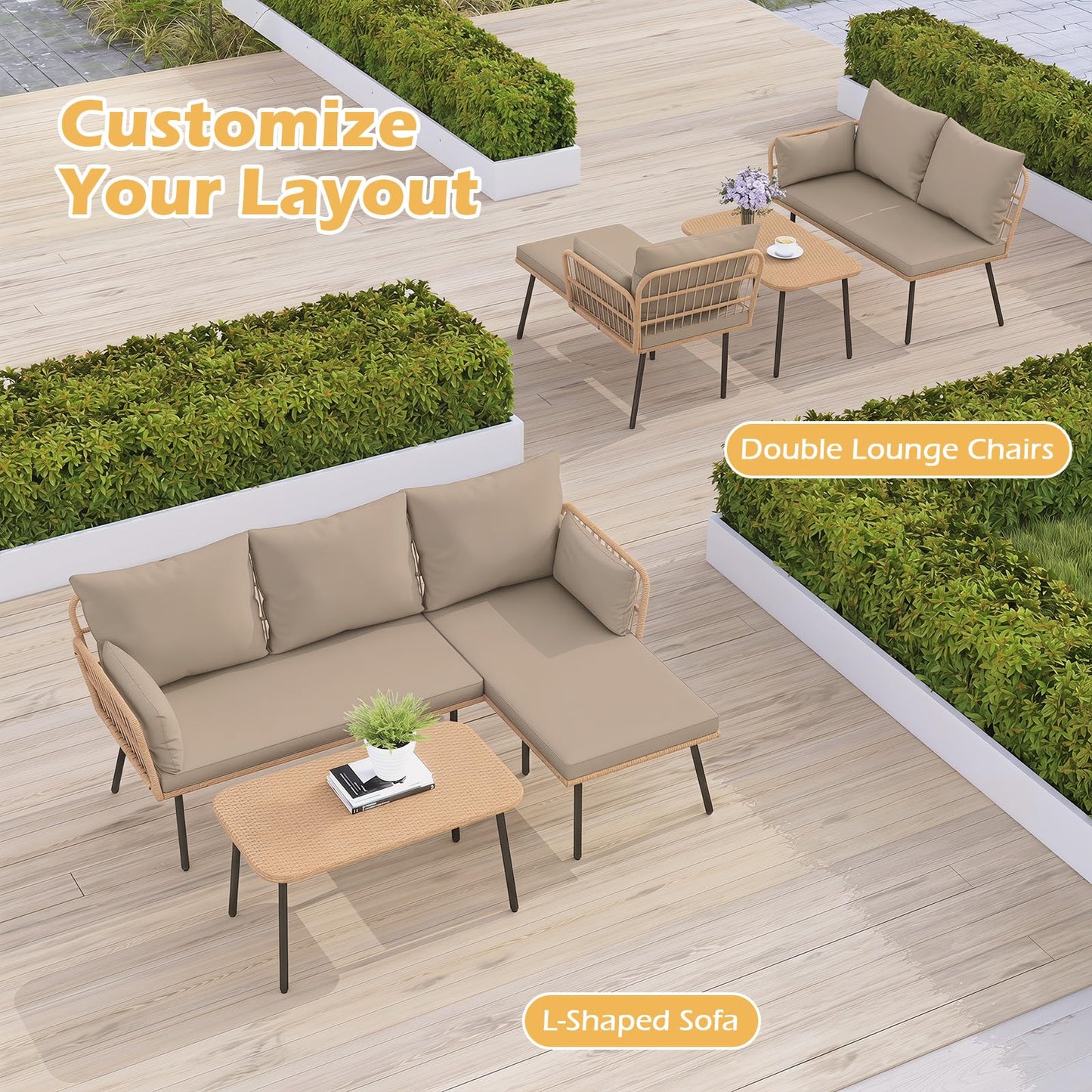 4-Seater Rattan Garden Furniture Set, 3-Piece L Shaped Sectional Outdoor Corner Sofa Sets