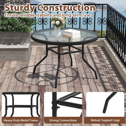 70cm Patio Side Table, Round Outdoor Coffee Table with Tempered Glass Tabletop