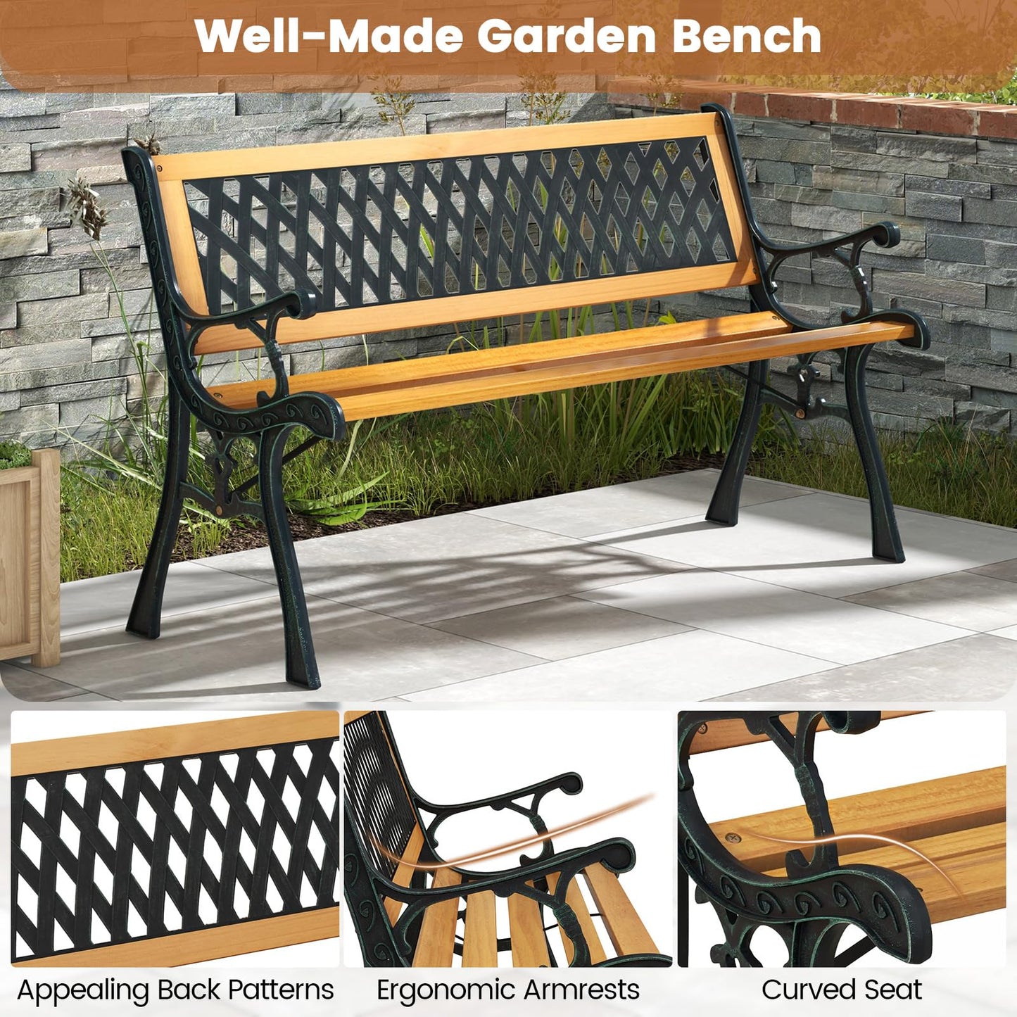 126cm Patio Garden Bench with Curved Armrests and Appealing Back