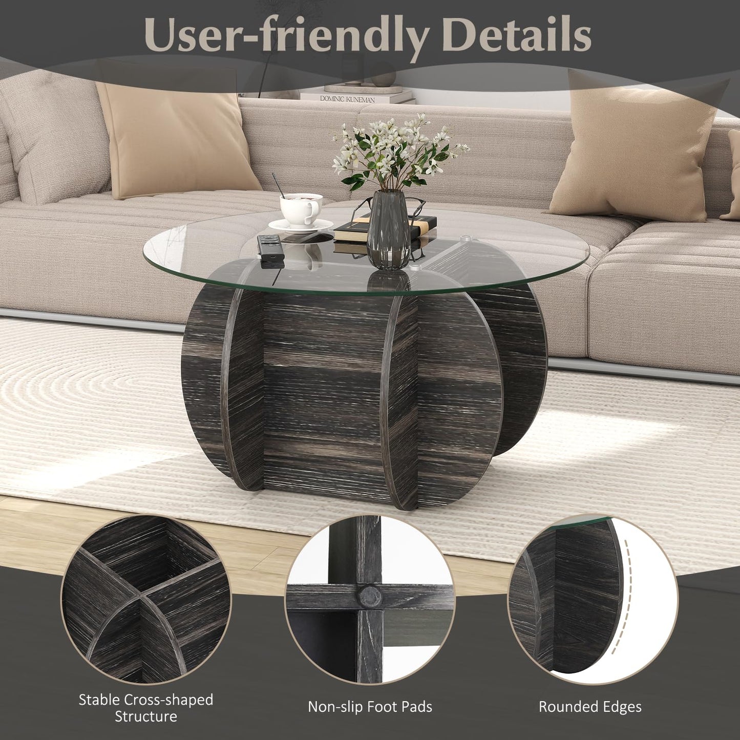89cm Round Coffee Table Modern Accent Table with Tempered Glass Top