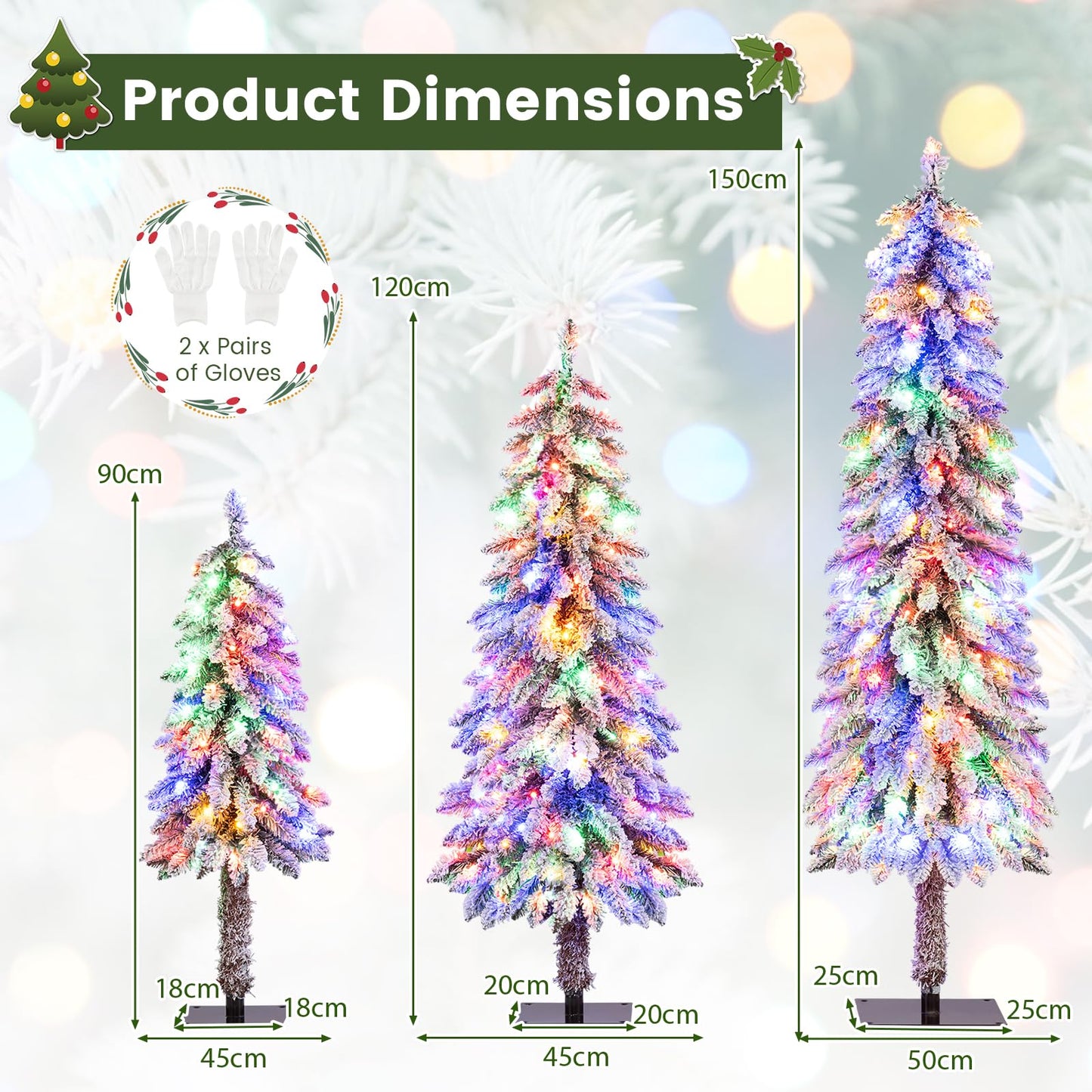 3’ 4’ 5’ Artificial Christmas Tree Set with 115 + 207 + 275 Branch Tips and 50 + 100 + 150 Colorful LED Lights