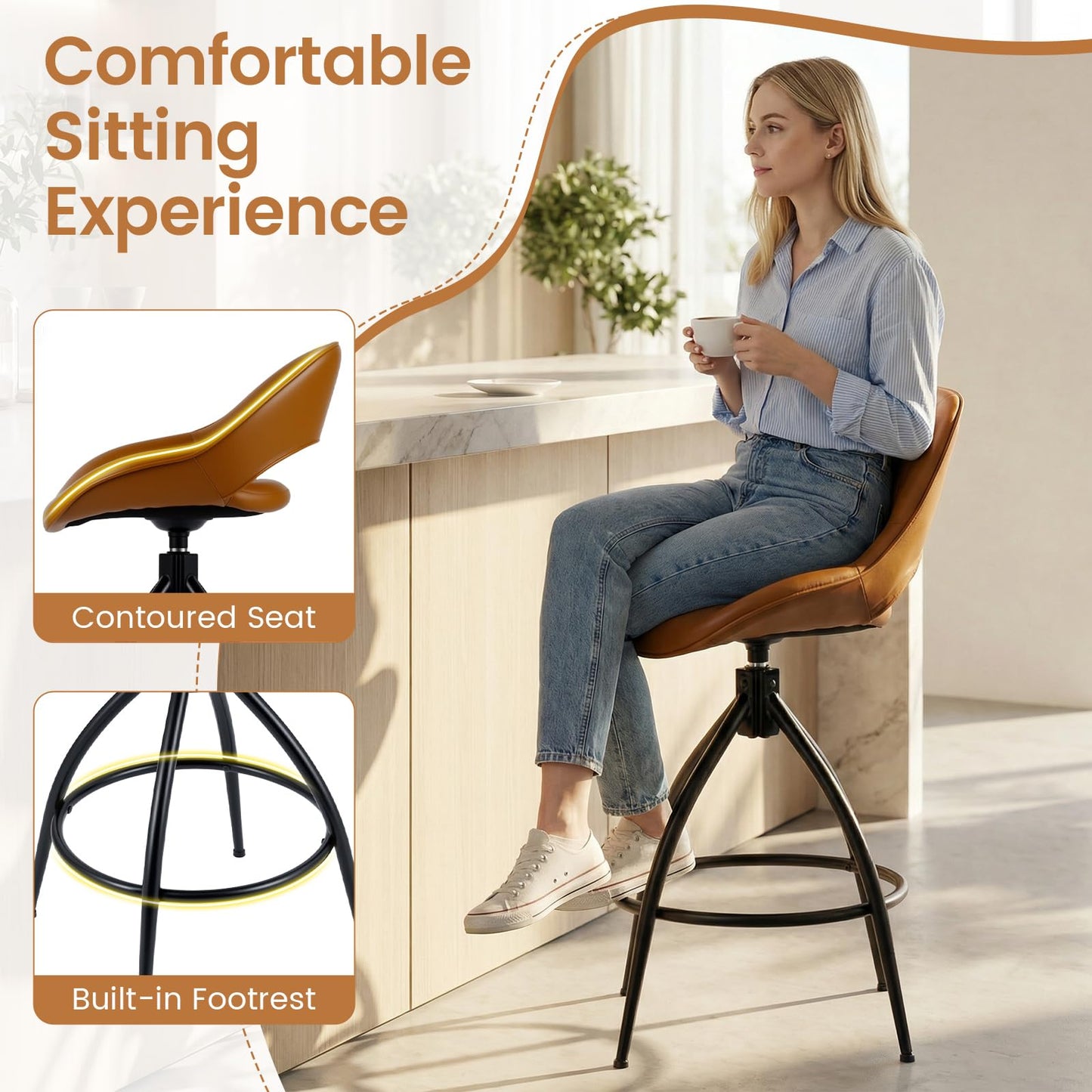 Swivel Bar Stools Set of 2 Counter Height Barstools with Backrest and Footrest