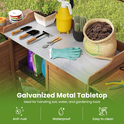 Garden Potting Table, Wooden Potting Bench with Metal-Plated Tabletop