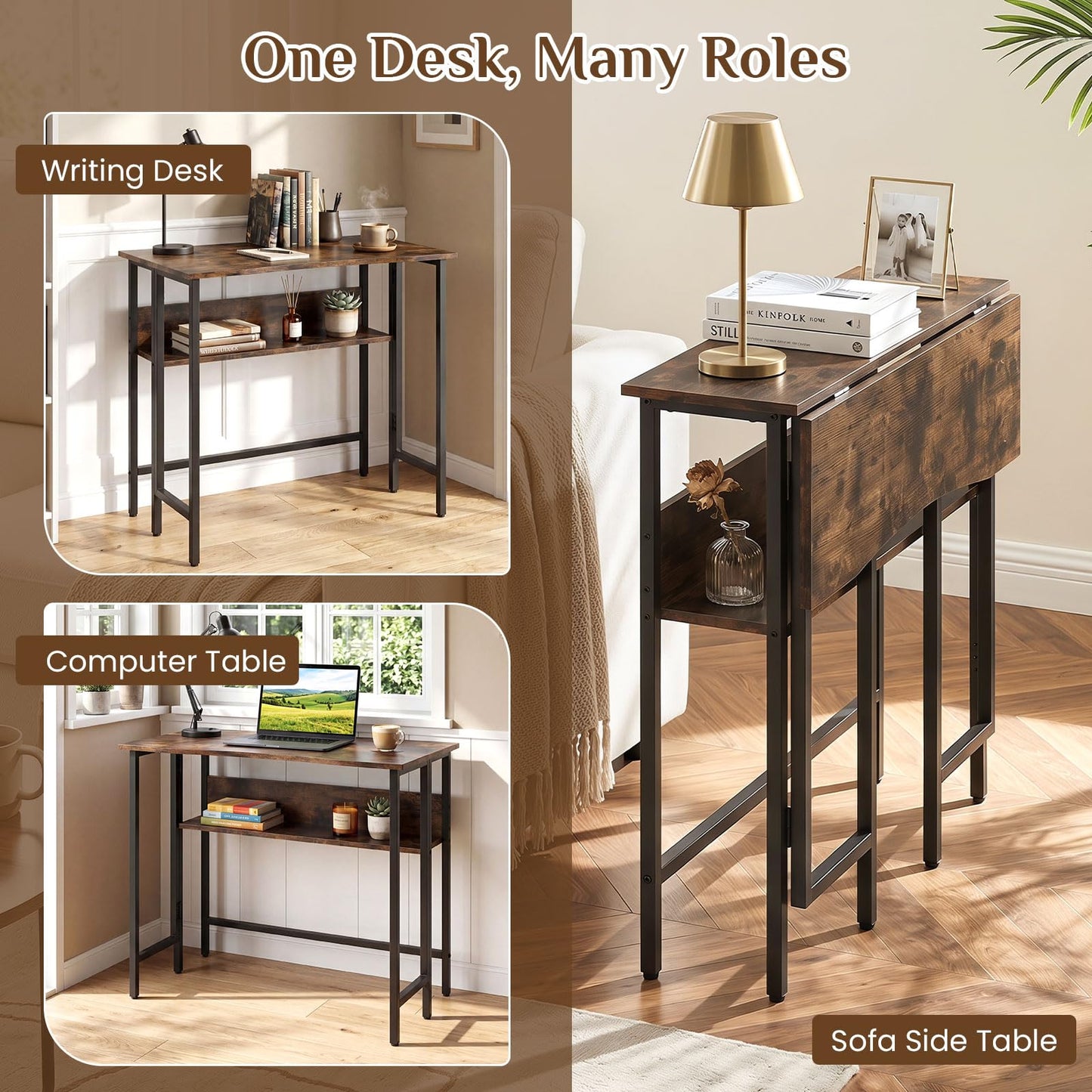 Small Folding Desk 80 CM with Storage Shelf & Drop Leaf for Home Office